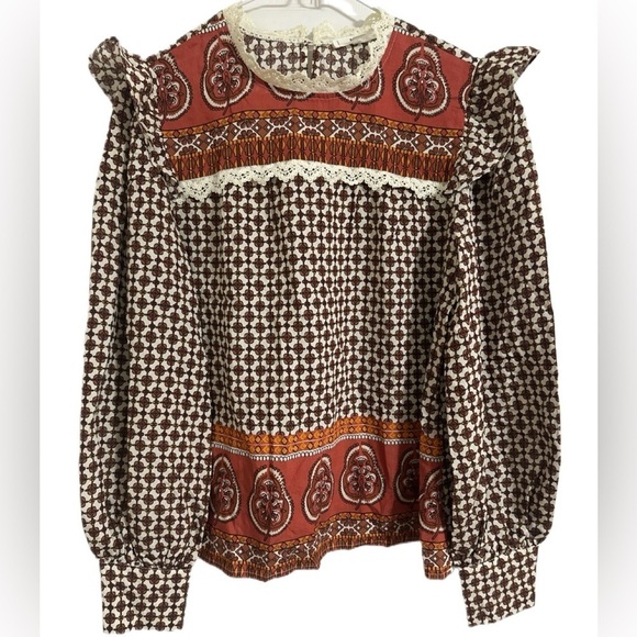 MINE Boho Blouse Women’s Size M Puff Sleeve Victorian Lace Trim Floral P… - Picture 7 of 10